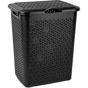 ACAN Tradineur - Cesto para ropa sucia con tapa y asas, pongotodo de plástico, cubo para colada, imitación de mimbre, fabricado en España (Negro - 38 litros - 49 x 38,5 x 29,5 cm) ACAN Tradineur - Cesto para ropa sucia con tapa y asas, pongotodo de plástico, cubo para colada, imitación de mimbre, fabricado en España (Negro - 38 litros - 49 x 38,5 x 29,5 cm)