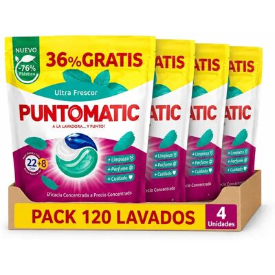 PUNTOMATIC 22+8 Cápsulas Tricámara Ultra Frescor, Pack Ahorro 4x30 Total 120 Lavados, Detergente Lavadora, Para Ropa Blanca y De Color, Quitamanchas PUNTOMATIC 22+8 Cápsulas Tricámara Ultra Frescor, Pack Ahorro 4x30 Total 120 Lavados, Detergente Lavadora, Para Ropa Blanca y De Color, Quitamanchas