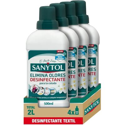 Sanytol – Desinfectante Textil_ Elimina Gérmenes y Malos Olores de la Ropa Sin Lejía - Pack de 4 x 500 ML = 2L Sanytol – Desinfectante Textil_ Elimina Gérmenes y Malos Olores de la Ropa Sin Lejía - Pack de 4 x 500 ML = 2L