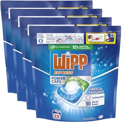 Pack De 3 o 4 Paquetes (99 Lavados o 132 Lavados ) De Wipp Express Power Caps Detergente en Cápsulas para Lavadora, 33 Dosis, Limpieza Profunda, Eficaz en Agua Fría Pack De 3 o 4 Paquetes (99 Lavados o 132 Lavados ) De Wipp Express Power Caps Detergente en Cápsulas para Lavadora, 33 Dosis, Limpieza Profunda, Eficaz en Agua Fría