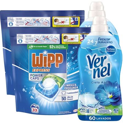 Pack De Wipp Express Power Caps 66 uds + Vernel Cielo Azul 120 lavados – Limpieza y Frescura Imbatibles, Incluso en Agua Fría Pack De Wipp Express Power Caps 66 uds + Vernel Cielo Azul 120 lavados – Limpieza y Frescura Imbatibles, Incluso en Agua Fría