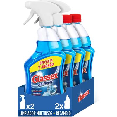 Glassex - Limpiador Multiusos, 2 Pistolas 750 ml + 2 Recambios 750 ml, Limpieza Perfecta, Brillo Intenso, Apto Cristales Glassex - Limpiador Multiusos, 2 Pistolas 750 ml + 2 Recambios 750 ml, Limpieza Perfecta, Brillo Intenso, Apto Cristales