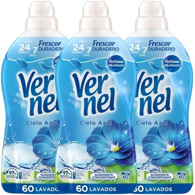 Vernel Suavizante Concentrado Aroma Cielo Azul – Pack 3x60 (180 Dosis) Suavidad, Frescura y Aroma Duradero Vernel Suavizante Concentrado Aroma Cielo Azul – Pack 3x60 (180 Dosis) Suavidad, Frescura y Aroma Duradero