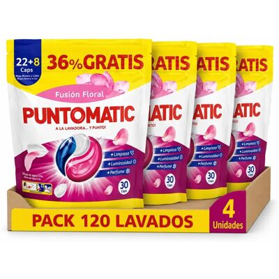PUNTOMATIC 22+8 Cápsulas Tricámara Floral, Pack Ahorro 4x30 Total 120 Lavados, Detergente Lavadora Para Ropa Blanca y De Color, Quitamanchas PUNTOMATIC 22+8 Cápsulas Tricámara Floral, Pack Ahorro 4x30 Total 120 Lavados, Detergente Lavadora Para Ropa Blanca y De Color, Quitamanchas