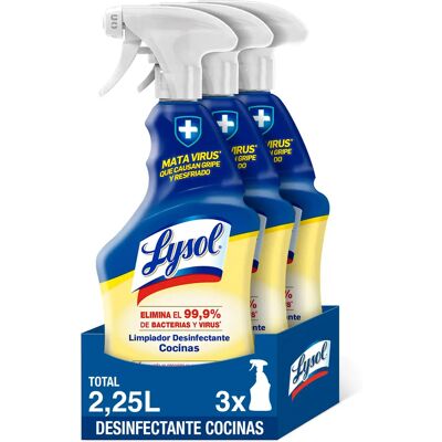 Lysol Spray desinfectante y limpiador quitagrasas cocinas, aroma Limón - Pack 3x750 ml Lysol Spray desinfectante y limpiador quitagrasas cocinas, aroma Limón - Pack 3x750 ml