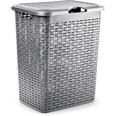 ACAN Tradineur - Cesto rattan para ropa sucia con tapa y asas, pongotodo de plástico, cubo para colada, imitación de mimbre, fabricado en España (Plata - 38 litros - 49 x 38,5 x 29,5 cm) ACAN Tradineur - Cesto rattan para ropa sucia con tapa y asas, pongotodo de plástico, cubo para colada, imitación de mimbre, fabricado en España (Plata - 38 litros - 49 x 38,5 x 29,5 cm)