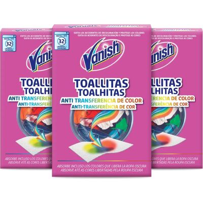 Toallitas antitransferencia de color para la ropa Vanish Gold 96 unidades (pack de 3 paquetes 32 toallitas) Toallitas antitransferencia de color para la ropa Vanish Gold 96 unidades (pack de 3 paquetes 32 toallitas)