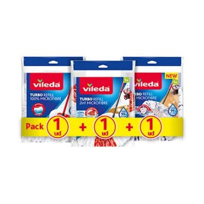 Vileda I Recambios de Turbo I Pack de 3 recambios Turbo: 1x Recambio Turbo 100% microfibra; 1x Recambio Turbo 2en1 microfibra; 1x Recambio Turbo 3in1, fregona microfibra I 3 unidades Vileda I Recambios de Turbo I Pack de 3 recambios Turbo: 1x Recambio Turbo 100% microfibra; 1x Recambio Turbo 2en1 microfibra; 1x Recambio Turbo 3in1, fregona microfibra I 3 unidades