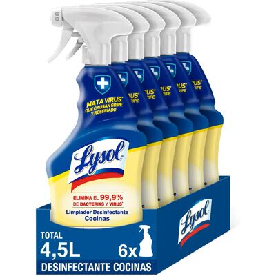 Lysol Spray desinfectante y limpiador quitagrasas cocinas, aroma Limón - Pack 6x750 ml Lysol Spray desinfectante y limpiador quitagrasas cocinas, aroma Limón - Pack 6x750 ml