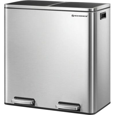 SONGMICS - Cubo de basura con doble compartimento de 2 x 30 L, con 15 bolsas de basura, pedal de metal, 2 cubos interiores de plástico, tapas, asas, cierre suave, plata y negro SONGMICS - Cubo de basura con doble compartimento de 2 x 30 L, con 15 bolsas de basura, pedal de metal, 2 cubos interiores de plástico, tapas, asas, cierre suave, plata y negro