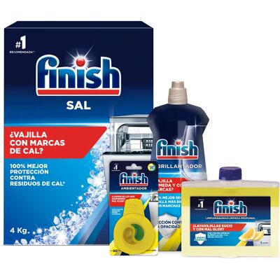 Finish Sal para Lavavajillas - Limón - 4kg + Abrillantador - Limón - 500ml + Limpiamáquinas - Limón - 250ml + Ambientador - Limón Finish Sal para Lavavajillas - Limón - 4kg + Abrillantador - Limón - 500ml + Limpiamáquinas - Limón - 250ml + Ambientador - Limón