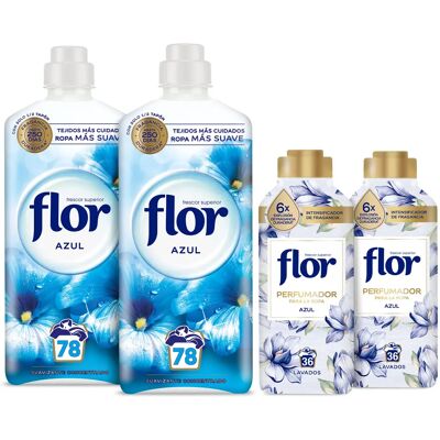 Flor Azul Suavizante Concentrado para la ropa 156 lavados + 2x Flor Perfumador Azul Intensificador Fragancia 72 Lavados Flor Azul Suavizante Concentrado para la ropa 156 lavados + 2x Flor Perfumador Azul Intensificador Fragancia 72 Lavados