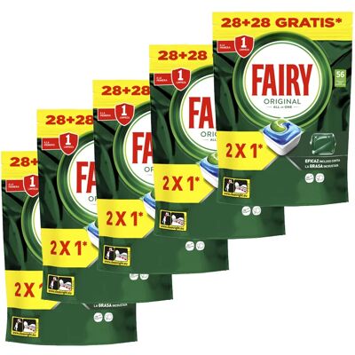 Fairy Original Todo En Uno - Pack de 5 Bolsas de 56 Cápsulas para Lavavajillas (280 Cápsulas) - Elimina Grasa y Resequedad, Detergente con Aroma Limpio y Fresco Fairy Original Todo En Uno - Pack de 5 Bolsas de 56 Cápsulas para Lavavajillas (280 Cápsulas) - Elimina Grasa y Resequedad, Detergente con Aroma Limpio y Fresco