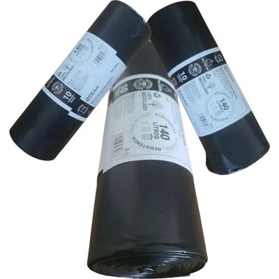 Ninguno Bolsas de basura 140 litros 90x120 cm fabricada con polietileno 100% reciclado 3 rollos de 10 bolsas. Alta resistencia a desgarros. Diseño antigoteo sin soldadura en la base. Ninguno Bolsas de basura 140 litros 90x120 cm fabricada con polietileno 100% reciclado 3 rollos de 10 bolsas. Alta resistencia a desgarros. Diseño antigoteo sin soldadura en la base.