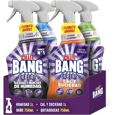 Cillit Bang - Pack 4 sprays (1 Suciedad y Humedad 1L, 1 Cal y Suciedad 1L, 1 Quitagrasas Cocina 750ml, 1 Ultra Baño Brillo 750ml) Cillit Bang - Pack 4 sprays (1 Suciedad y Humedad 1L, 1 Cal y Suciedad 1L, 1 Quitagrasas Cocina 750ml, 1 Ultra Baño Brillo 750ml)