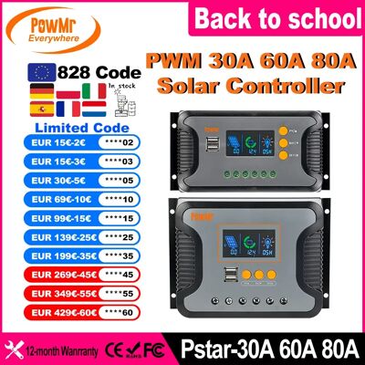 PowMr-controlador de carga Solar, dispositivo con pantalla LED, USB, 5V, 2A, PV, V, funciona de forma silenciosa, 30A, 60A, 80A, 12V, 24V, 36V, 48V PowMr-controlador de carga Solar, dispositivo con pantalla LED, USB, 5V, 2A, PV, V, funciona de forma silenciosa, 30A, 60A, 80A, 12V, 24V, 36V, 48V