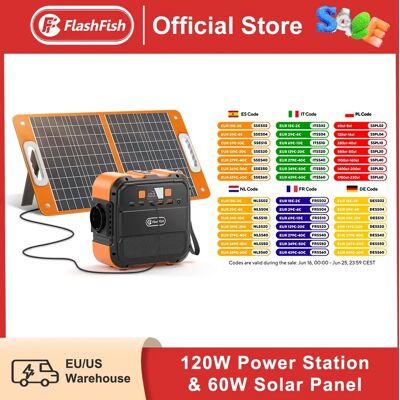 FF Flashfish A101 230V Mini central eléctrica portátil 120W 97.68Wh con panel solar 60W Batería Generador solar Banco de energía en avión FF Flashfish A101 230V Mini central eléctrica portátil 120W 97.68Wh con panel solar 60W Batería Generador solar Banco de energía en avión