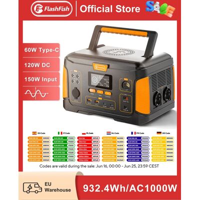 FF Flashfish-estación de energía portátil J1000 PLUS, generador Solar de 932Wh, fuente de batería de 1000W, CC de 60W, PD, para acampar al aire libre, 125W FF Flashfish-estación de energía portátil J1000 PLUS, generador Solar de 932Wh, fuente de batería de 1000W, CC de 60W, PD, para acampar al aire libre, 125W