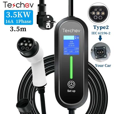 Teschev 220V Cargador EV portátil Type2 Wallbox 3.5KW 8A a 16A 1 fase Type1 J1772 IP65 Bolsa EV de regalo gratis Teschev 220V Cargador EV portátil Type2 Wallbox 3.5KW 8A a 16A 1 fase Type1 J1772 IP65 Bolsa EV de regalo gratis