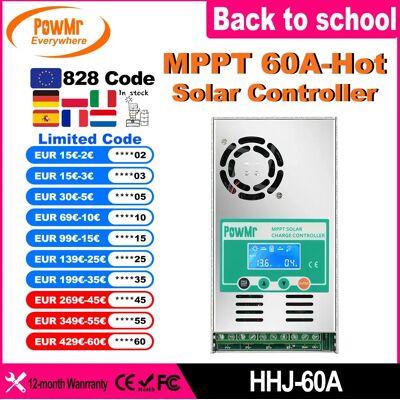 Controlador de carga Solar PowMr 60A MPPT funciona para batería de litio de plomo ácido de 12V 24V 36V 48V con pantalla LCD entrada máxima PV 160VDC Controlador de carga Solar PowMr 60A MPPT funciona para batería de litio de plomo ácido de 12V 24V 36V 48V con pantalla LCD entrada máxima PV 160VDC