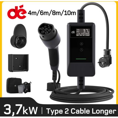 dé Cargador EV tipo 2, Cable de carga tipo 2, 16A, 3,7kW, más largo, 6m, 8m, 10m, enchufe Schuko, pantalla LCD con soporte de montaje en pared dé Cargador EV tipo 2, Cable de carga tipo 2, 16A, 3,7kW, más largo, 6m, 8m, 10m, enchufe Schuko, pantalla LCD con soporte de montaje en pared