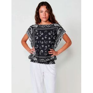 Koroshi Blusa de Satén Abullonada con Estampado Cachemir y Escote Barco para Mujer en negro Koroshi Blusa de Satén Abullonada con Estampado Cachemir y Escote Barco para Mujer en negro