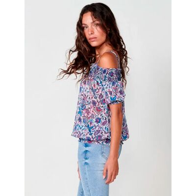 Koroshi Blusa con Escote Bardot, Nido de Abeja y Estampado Floral en Azul para Mujer – 100% Poliéster Koroshi Blusa con Escote Bardot, Nido de Abeja y Estampado Floral en Azul para Mujer – 100% Poliéster
