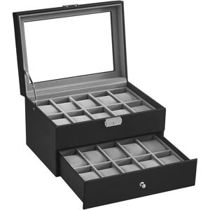 SONGMICS Caja de Relojes, Estuche de Relojes con Tapa de Cristal de 2 Niveles, con Cerradura, 1 Cajón, para Anillos, Pulseras, Regalo Ideal, Cuero Sintético Negro y Forro Gris/ Cuero Sintético Negro y SONGMICS Caja de Relojes, Estuche de Relojes con Tapa de Cristal de 2 Niveles, con Cerradura, 1 Cajón, para Anillos, Pulseras, Regalo Ideal, Cuero Sintético Negro y Forro Gris/ Cuero Sintético Negro y