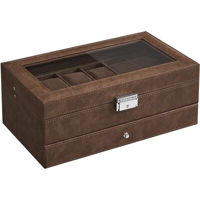 SONGMICS Caja de Reloj, Estuche de Reloj con Tapa de Cristal de 2 Niveles para 12 Relojes, Cerradura, 1 Cajón, para Anillos Pulseras, Cuero Sintético Marrón, Forro Marrón/ Negro y Beige/Negro y SONGMICS Caja de Reloj, Estuche de Reloj con Tapa de Cristal de 2 Niveles para 12 Relojes, Cerradura, 1 Cajón, para Anillos Pulseras, Cuero Sintético Marrón, Forro Marrón/ Negro y Beige/Negro y