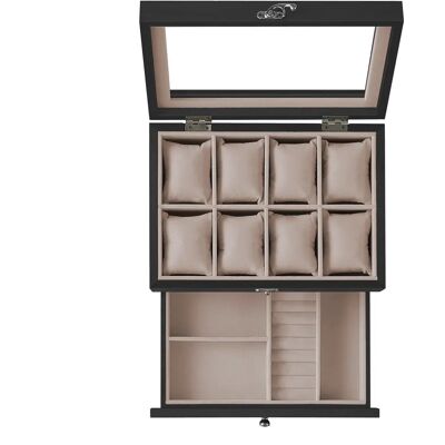 SONGMICS Caja de Relojes con 8 Ranuras, Estuche de Relojes de Madera de 2 Niveles con Tapa de Cristal, Almohadillas, Forro de Terciopelo, Regalo de Seres Queridos, Negro Ébano/Nogal Rústico/Negro SONGMICS Caja de Relojes con 8 Ranuras, Estuche de Relojes de Madera de 2 Niveles con Tapa de Cristal, Almohadillas, Forro de Terciopelo, Regalo de Seres Queridos, Negro Ébano/Nogal Rústico/Negro