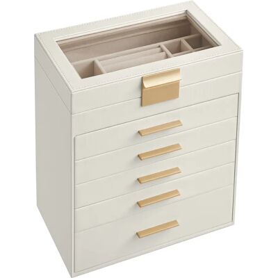 SONGMICS Caja de Joyas, Caja Joyero con 6 Niveles, Estuche para Joyería con Tapa de Cristal, 5 Cajones, para Gafas de Sol, Joyas Grandes, Moderno, Blanco Nube y Dorado, Regalo de Navidad SONGMICS Caja de Joyas, Caja Joyero con 6 Niveles, Estuche para Joyería con Tapa de Cristal, 5 Cajones, para Gafas de Sol, Joyas Grandes, Moderno, Blanco Nube y Dorado, Regalo de Navidad