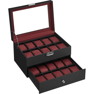 SONGMICS Caja de Relojes, Estuche de Relojes con Tapa de Cristal de 2 Niveles, con Cerradura, 1 Cajón, para Anillos, Pulseras, Regalo Ideal, Cuero Sintético Negro y Forro Gris/ Cuero Sintético Negro y SONGMICS Caja de Relojes, Estuche de Relojes con Tapa de Cristal de 2 Niveles, con Cerradura, 1 Cajón, para Anillos, Pulseras, Regalo Ideal, Cuero Sintético Negro y Forro Gris/ Cuero Sintético Negro y