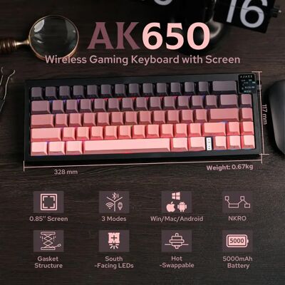 Teclado mecánico inalámbrico AJAZZ AK650 con pantalla, perillas, iluminación RGB, sincronización de ritmo musical, diseño de 65 piezas, batería de 5000 mAh Teclado mecánico inalámbrico AJAZZ AK650 con pantalla, perillas, iluminación RGB, sincronización de ritmo musical, diseño de 65 piezas, batería de 5000 mAh