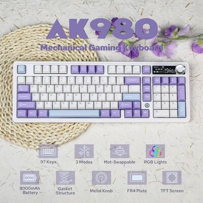 Teclado mecánico para juegos AJAZZ AK980, pantalla TFT de 2,9 cm, perilla de volumen, estructura de junta de 98 teclas, iluminación RGB, PR4 intercambiable en caliente Teclado mecánico para juegos AJAZZ AK980, pantalla TFT de 2,9 cm, perilla de volumen, estructura de junta de 98 teclas, iluminación RGB, PR4 intercambiable en caliente