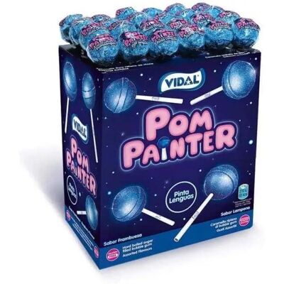 Ninguno Vidal Golosinas. Pom Painter, caramelo con palo color azul Pintalenguas sabor Frambuesa ácida. Estuche de 100 unidades Ninguno Vidal Golosinas. Pom Painter, caramelo con palo color azul Pintalenguas sabor Frambuesa ácida. Estuche de 100 unidades