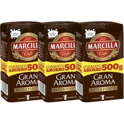 Pack de 3 Marcilla molido Gran Aroma Extra Fuerte, Formato Ahorro 500 gramos Pack de 3 Marcilla molido Gran Aroma Extra Fuerte, Formato Ahorro 500 gramos