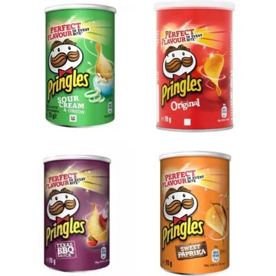 Patatas Caja 12 PRINGLES 70g Sour Cream & Onion BBQ,original,paprika - Aperitivo de patata envasado en una lata con tapadera para abrir y cerrar tantas veces como quieras. Caja de 12 latas de 70 gr Patatas Caja 12 PRINGLES 70g Sour Cream & Onion BBQ,original,paprika - Aperitivo de patata envasado en una lata con tapadera para abrir y cerrar tantas veces como quieras. Caja de 12 latas de 70 gr