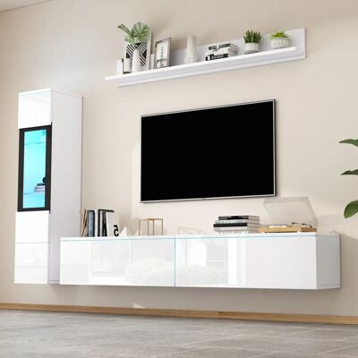 Ninguno Mueble de pared para TV de 3 piezas Conjunto de iluminación LED blanca con hidráulico (1 mueble TV 1 escaparate de salón 1 estante colgante) Ninguno Mueble de pared para TV de 3 piezas Conjunto de iluminación LED blanca con hidráulico (1 mueble TV 1 escaparate de salón 1 estante colgante)