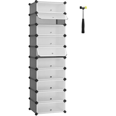 SONGMICS Muebles para Zapatos con 10 Compartimentos, Estante Modular de plástico, Caja de Almacenamiento para Zapatos, con Puerta y mazo, Gris/Negro/Marrón Rústico SONGMICS Muebles para Zapatos con 10 Compartimentos, Estante Modular de plástico, Caja de Almacenamiento para Zapatos, con Puerta y mazo, Gris/Negro/Marrón Rústico