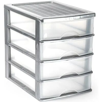 ACAN Tradineur - Cajonera de sobremesa - Fabricado en España - 4 Cajones Transparentes - Torre de almacenaje, armario, baño, oficina - 35 x 27 x 35,5 cm - Color Plata ACAN Tradineur - Cajonera de sobremesa - Fabricado en España - 4 Cajones Transparentes - Torre de almacenaje, armario, baño, oficina - 35 x 27 x 35,5 cm - Color Plata