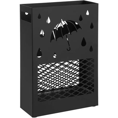 SONGMICS Paragüero de Metal, Soporte de Paraguas, Rectangular, con Bandeja de Agua Extraíble, 4 Ganchos, Diseño Tallado, para Entrada, Oficina, Negro SONGMICS Paragüero de Metal, Soporte de Paraguas, Rectangular, con Bandeja de Agua Extraíble, 4 Ganchos, Diseño Tallado, para Entrada, Oficina, Negro