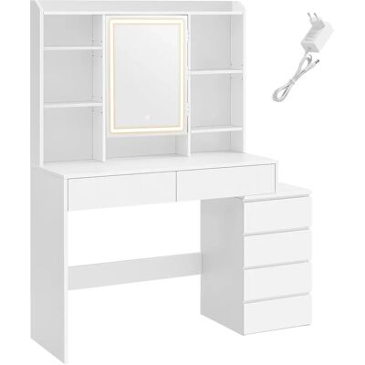 VASAGLE Tocador con Luces LED de Brillo Ajustable, Mesa de Maquillaje con Espejo, Compartimentos Abiertos, Estantes Ajustable, Estación de Maquillaje, Moderno, Blanco Nube(Este producto se envía en VASAGLE Tocador con Luces LED de Brillo Ajustable, Mesa de Maquillaje con Espejo, Compartimentos Abiertos, Estantes Ajustable, Estación de Maquillaje, Moderno, Blanco Nube(Este producto se envía en