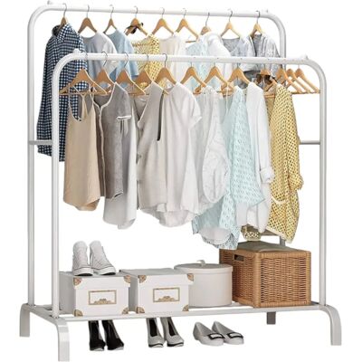 Movitel Perchero estanteria para Ropa Resistente con Ruedas, Perchero Portátil De Metal con Doble Riel Y Estante De Almacenamiento De 2 Capas, Percha Independiente para Dormitorio, Sostiene 40 Kg (ROPA-001 Movitel Perchero estanteria para Ropa Resistente con Ruedas, Perchero Portátil De Metal con Doble Riel Y Estante De Almacenamiento De 2 Capas, Percha Independiente para Dormitorio, Sostiene 40 Kg (ROPA-001