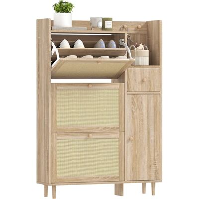 HOMCOM Mueble Zapatero con 3 Cajones Abatibles con Frentes de Ratán Roble HOMCOM Mueble Zapatero con 3 Cajones Abatibles con Frentes de Ratán Roble
