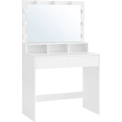 VASAGLE Tocador, Mesa de Maquillaje con Espejo y Luces LED con Brillo Ajustable, 2 Cajones y 3 Compartimentos, Moderno, Blanco VASAGLE Tocador, Mesa de Maquillaje con Espejo y Luces LED con Brillo Ajustable, 2 Cajones y 3 Compartimentos, Moderno, Blanco