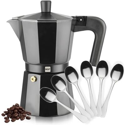 Ninguno Magefesa Kenia Noir - Cafetera Italiana Negra + 6 Cucharillas Moka, Aluminio Esmaltado, Para Todas las Cocinas, NO APTA PARA INDUCCIÓN Ninguno Magefesa Kenia Noir - Cafetera Italiana Negra + 6 Cucharillas Moka, Aluminio Esmaltado, Para Todas las Cocinas, NO APTA PARA INDUCCIÓN