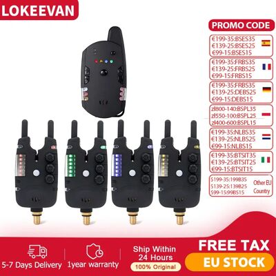 LOKEEVAN Kit inalámbrico de alarma para pesca de carpa, 4 alarmas y 1 receptor, alarma de mordida funcional con tono de radio, luz LED, sensibilidad ajustable LOKEEVAN Kit inalámbrico de alarma para pesca de carpa, 4 alarmas y 1 receptor, alarma de mordida funcional con tono de radio, luz LED, sensibilidad ajustable