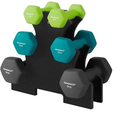 SONGMICS - Juego de mancuernas, 3 pares, 2 x 1 kg, 2 x 2 kg, 2 x 3 kg, soporte de almacenamiento, gimnasio y musculación, revestimiento de neopreno antideslizante SONGMICS - Juego de mancuernas, 3 pares, 2 x 1 kg, 2 x 2 kg, 2 x 3 kg, soporte de almacenamiento, gimnasio y musculación, revestimiento de neopreno antideslizante