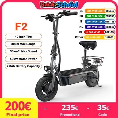 iScooter Patinete eléctrico F2 para adultos, Scooter folclórico de 10 pulgadas, 500W, 30 KM/H, 7,8 Ah, rango máximo de 30 KM, con asiento y cesta iScooter Patinete eléctrico F2 para adultos, Scooter folclórico de 10 pulgadas, 500W, 30 KM/H, 7,8 Ah, rango máximo de 30 KM, con asiento y cesta