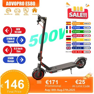 AOVOPRO ES80 500W Scooter eléctrico para adultos 35KM de largo alcance 31 KM/H Scooter eléctrico plegable de velocidad rápida 8,5 pulgadas Escooter inteligente AOVOPRO ES80 500W Scooter eléctrico para adultos 35KM de largo alcance 31 KM/H Scooter eléctrico plegable de velocidad rápida 8,5 pulgadas Escooter inteligente